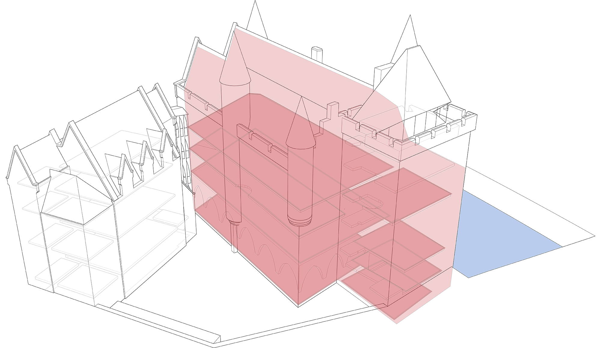 Isometrie 1: Publiek toegankelijke ruimtes voor de werking van vzw Broei en evenementen.  (2.370 m2 - 80% van totale gebouw)